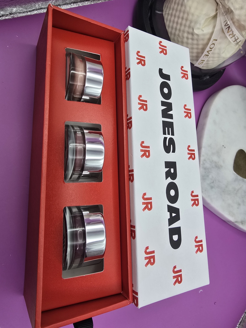 Jones Road Silver Cosmetic Pod Trio with Red Tray